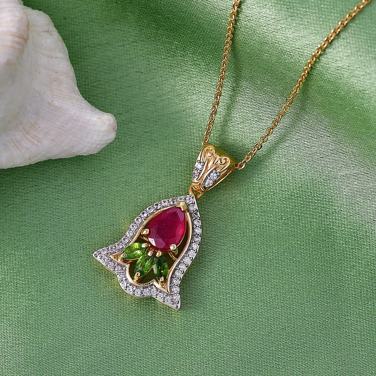 D'Joy Artistry to Israel Premium Niassa Ruby (FF) and Multi Gemstone 1.60 ctw Pendant Necklace in 18K Vermeil Yellow Gold Over Sterling Silver 20 Inches  image number 1