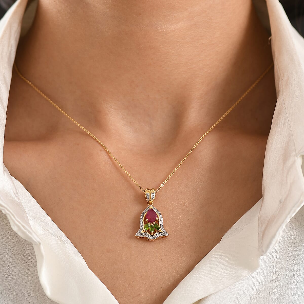 D'Joy Artistry to Israel Premium Niassa Ruby (FF) and Multi Gemstone 1.60 ctw Pendant Necklace in 18K Vermeil Yellow Gold Over Sterling Silver 20 Inches  image number 2