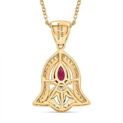 D'Joy Passport to Israel Premium Niassa Ruby (FF) and Multi Gemstone 1.60 ctw Pendant Necklace in 18K Vermeil Yellow Gold Over Sterling Silver 20 Inches