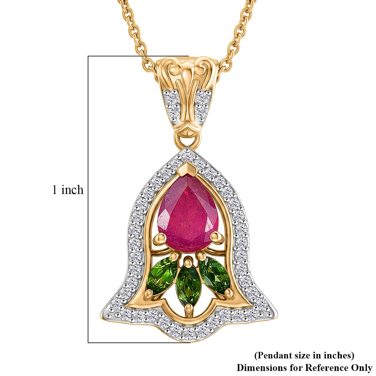 D'Joy Passport to Israel Premium Niassa Ruby (FF) and Multi Gemstone 1.60 ctw Pendant Necklace in 18K Vermeil Yellow Gold Over Sterling Silver 20 Inches