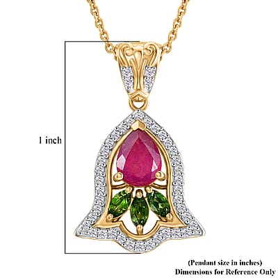 D'Joy Passport to Israel Premium Niassa Ruby (FF) and Multi Gemstone 1.60 ctw Pendant Necklace in 18K Vermeil Yellow Gold Over Sterling Silver 20 Inches