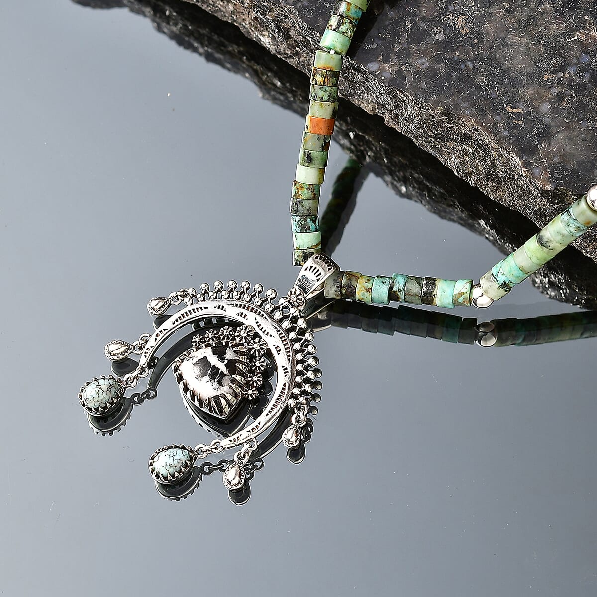 D'Joy Premium White Buffalo and Blue Moon Turquoise 34.50 ctw Pendant Necklace in Rhodium Over Sterling Silver 18-20 Inches  image number 1