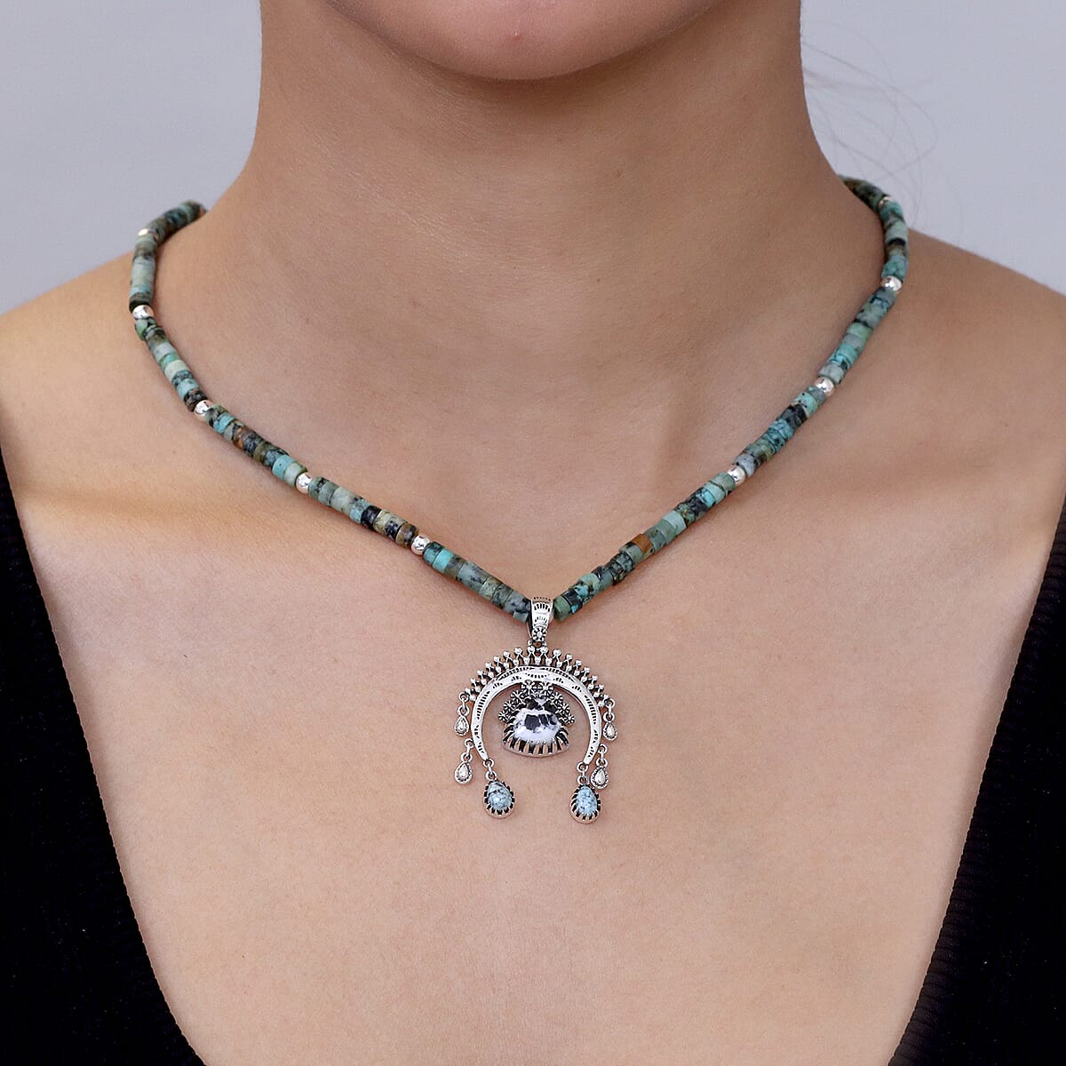D'Joy Premium White Buffalo and Blue Moon Turquoise 34.50 ctw Pendant Necklace in Rhodium Over Sterling Silver 18-20 Inches  image number 2