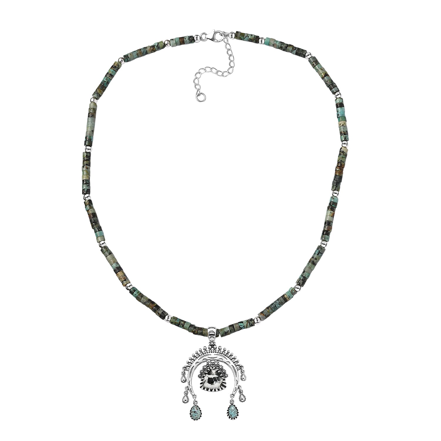 D'Joy Premium White Buffalo and Blue Moon Turquoise Pendant with Royston Turquoise Beaded Necklace in Rhodium Over Sterling Silver 34.50 ctw 18-20 Inches