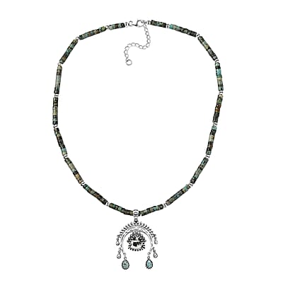 D'Joy Premium White Buffalo and Blue Moon Turquoise Pendant with Royston Turquoise Beaded Necklace in Rhodium Over Sterling Silver 34.50 ctw 18-20 Inches