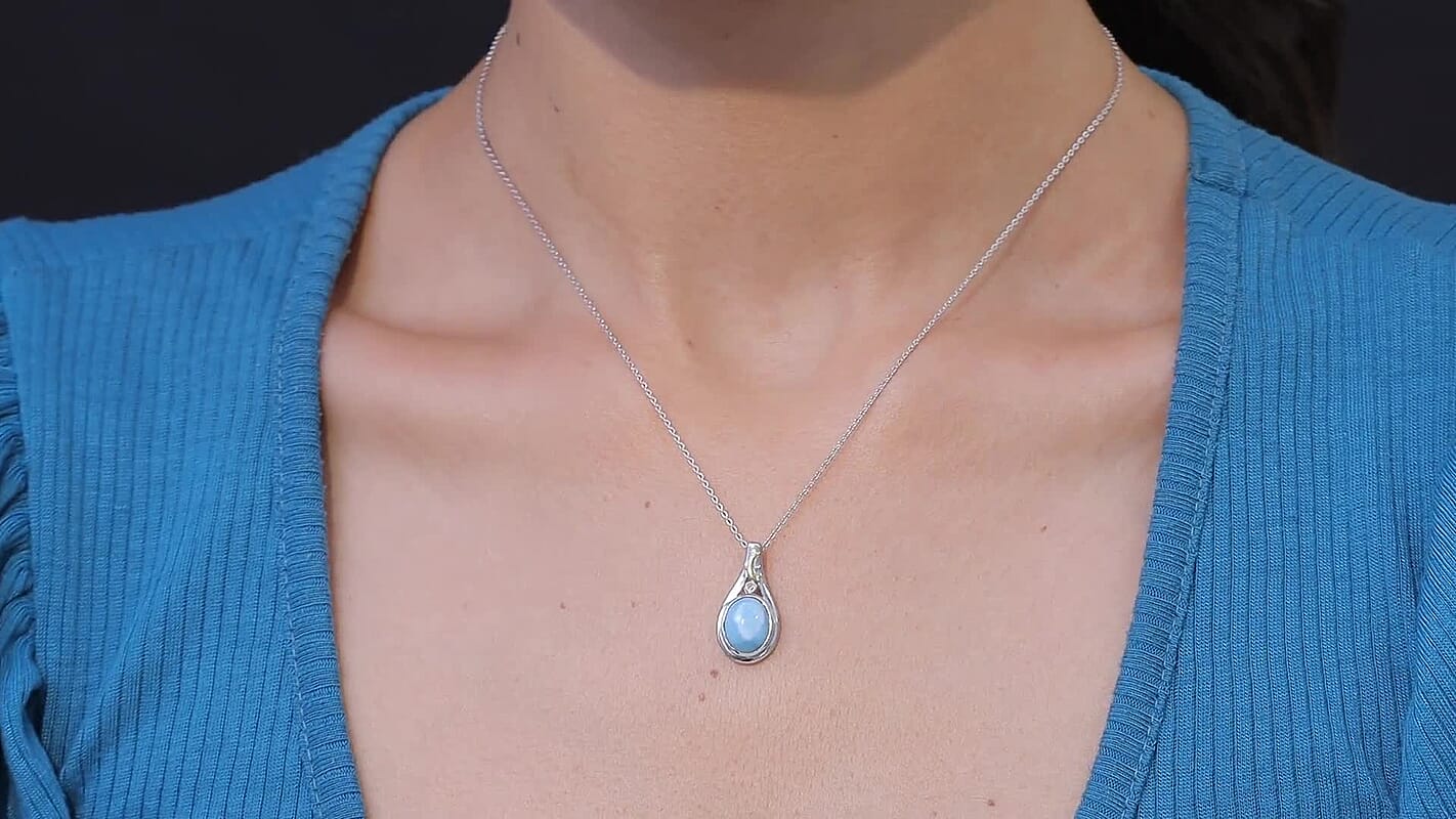 AAA Larimar and Luxuriant Lab Grown Diamond G-H SI 3.25 ctw Ocean Joy Pendant Necklace in 18K Vermeil YG and Rhodium Over Sterling Silver 20 Inches