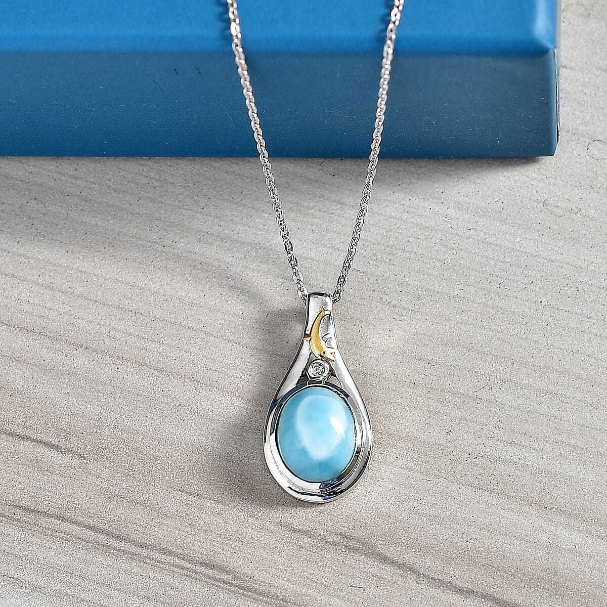 AAA Larimar and Luxuriant Lab Grown Diamond G-H SI 3.25 ctw Ocean Joy Pendant Necklace in 18K Vermeil YG and Rhodium Over Sterling Silver 20 Inches  image number 1
