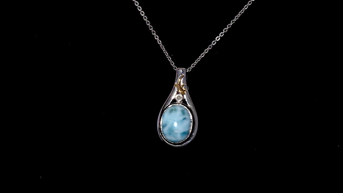 AAA Larimar and Luxuriant Lab Grown Diamond G-H SI 3.25 ctw Ocean Joy Pendant Necklace in 18K Vermeil YG and Rhodium Over Sterling Silver 20 Inches