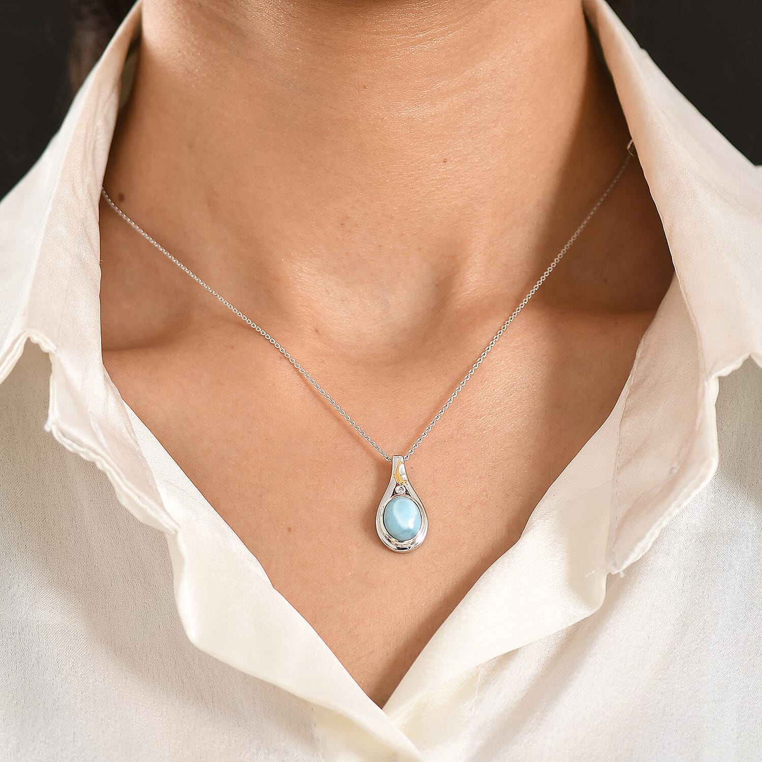 AAA Larimar and Luxuriant Lab Grown Diamond G-H SI 3.25 ctw Ocean Joy Pendant Necklace in 18K Vermeil YG and Rhodium Over Sterling Silver 20 Inches