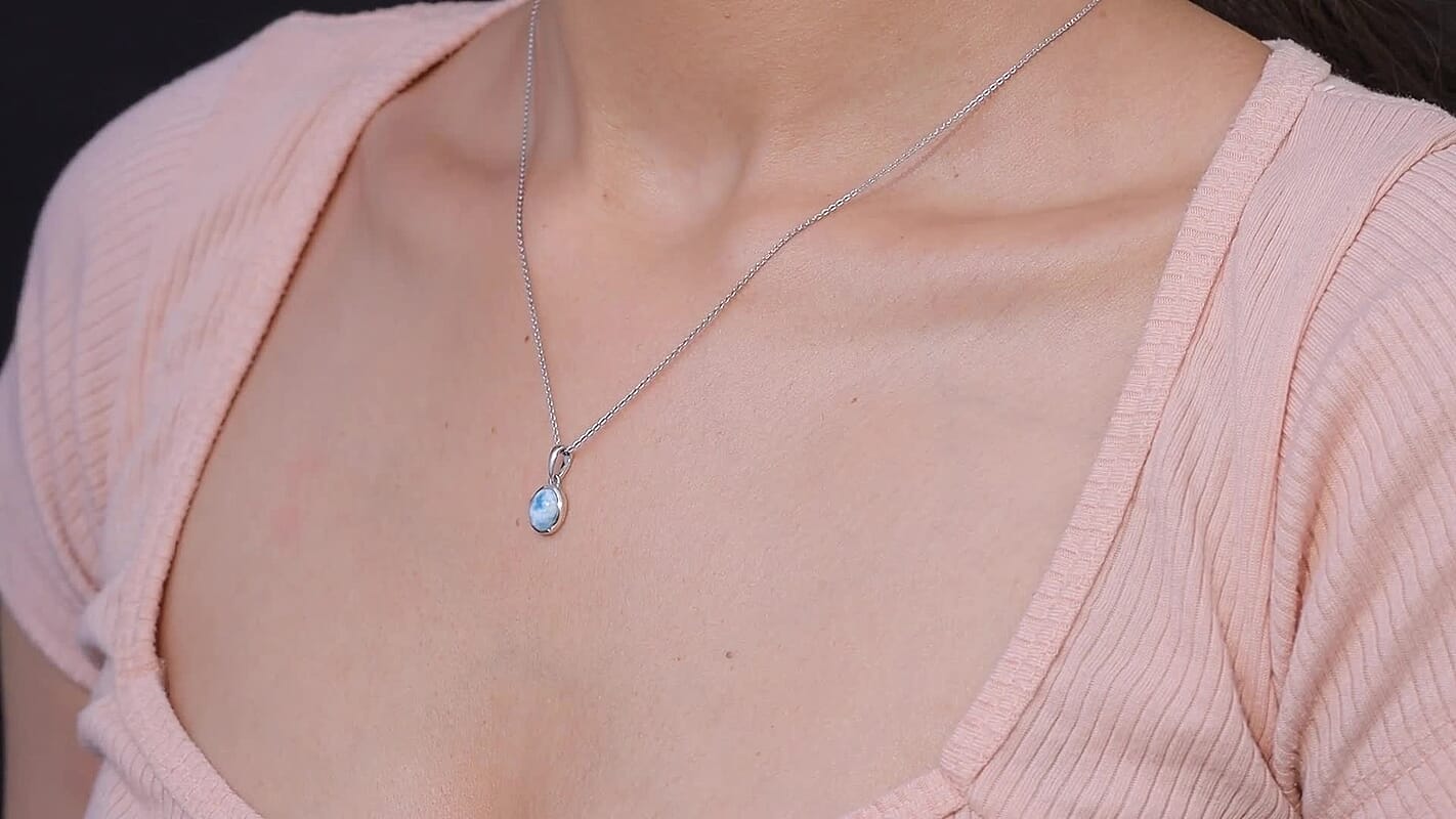 D'Joy AAA Larimar 1.15 ctw Tidal Curve Pendant Necklace in Rhodium Over Sterling Silver 20 Inches