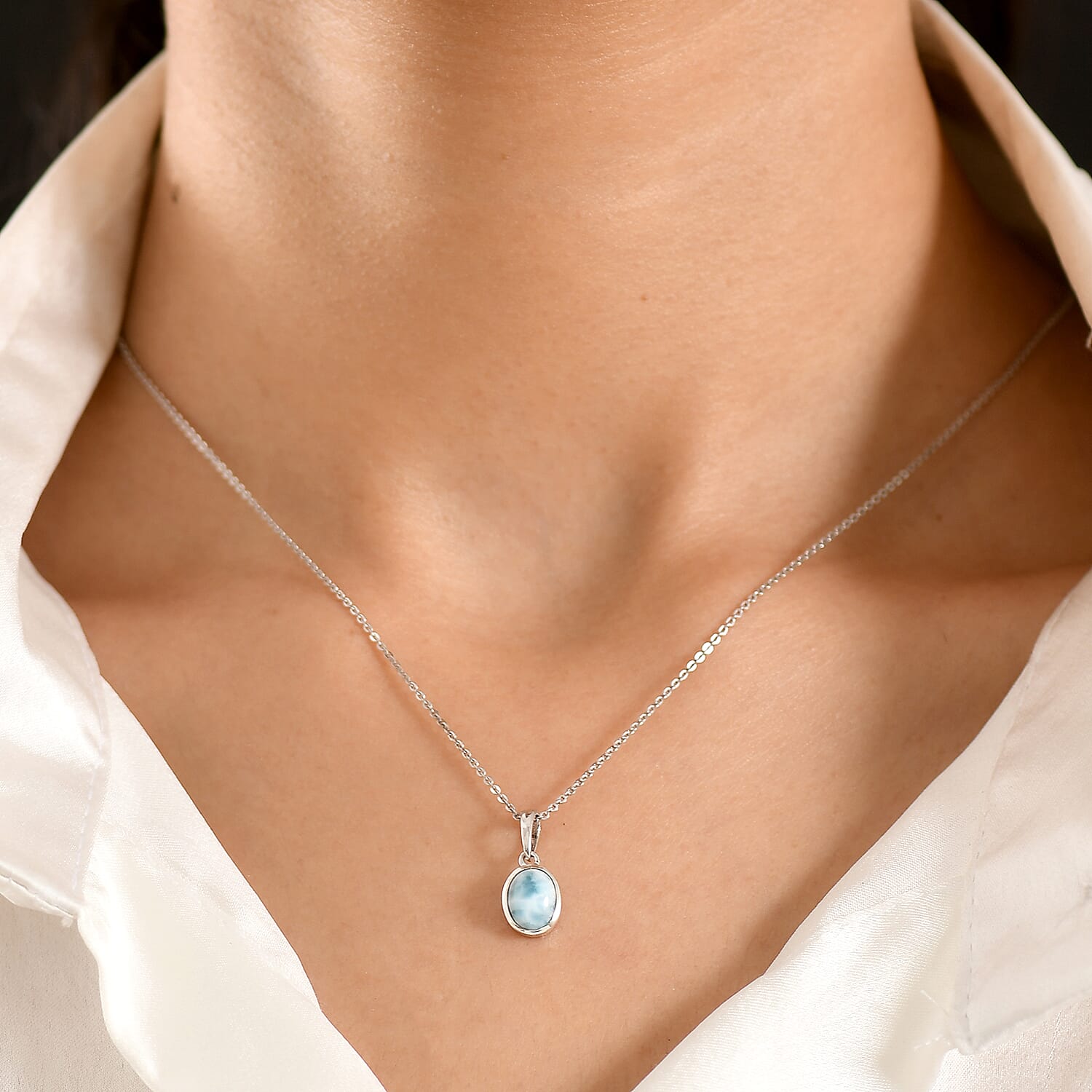 D'Joy AAA Larimar 1.15 ctw Tidal Curve Pendant Necklace in Rhodium Over Sterling Silver 20 Inches