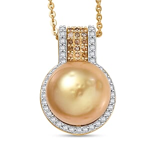 D'Joy South Sea Golden Cultured Pearl, Natural Champagne and White Diamond 0.30 ctw Golden Glow Pendant Necklace in 18K Vermeil Yellow Gold Over Sterling Silver 20 Inches