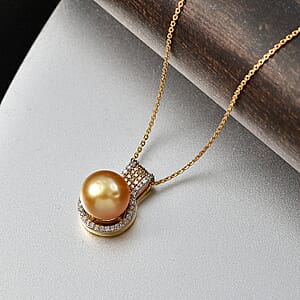 D'Joy South Sea Golden Cultured Pearl, Natural Champagne and White Diamond 0.30 ctw Golden Glow Pendant Necklace in 18K Vermeil Yellow Gold Over Sterling Silver 20 Inches