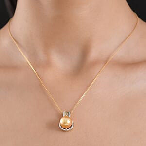 D'Joy South Sea Golden Cultured Pearl, Natural Champagne and White Diamond 0.30 ctw Golden Glow Pendant Necklace in 18K Vermeil Yellow Gold Over Sterling Silver 20 Inches