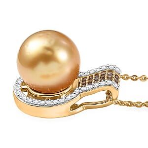 D'Joy South Sea Golden Cultured Pearl, Natural Champagne and White Diamond 0.30 ctw Golden Glow Pendant Necklace in 18K Vermeil Yellow Gold Over Sterling Silver 20 Inches