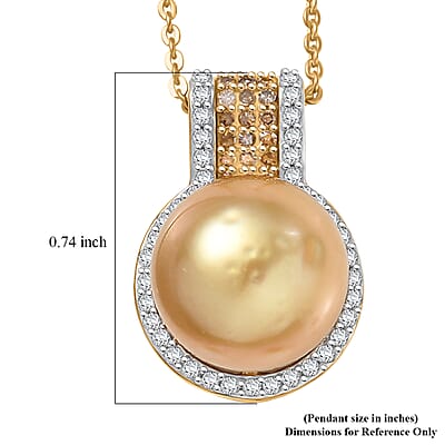 D'Joy South Sea Golden Cultured Pearl, Natural Champagne and White Diamond 0.30 ctw Golden Glow Pendant Necklace in 18K Vermeil Yellow Gold Over Sterling Silver 20 Inches