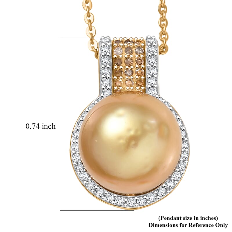 D'Joy South Sea Golden Cultured Pearl, Natural Champagne and White Diamond 0.30 ctw Golden Glow Pendant Necklace in 18K Vermeil Yellow Gold Over Sterling Silver 20 Inches