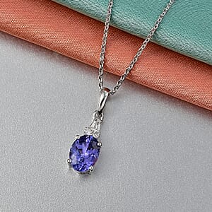 Tanzanite and Luxuriant Lab Grown Diamond G-H SI 1.40 ctw Midnight Blue Pendant Necklace in Rhodium Over Sterling Silver 20 Inches 