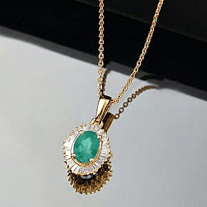 D'Joy Kagem Zambian Emerald and Diamond 1.00 ctw Pendant Necklace in 18K Vermeil Yellow God Over Sterling Silver 20 Inches