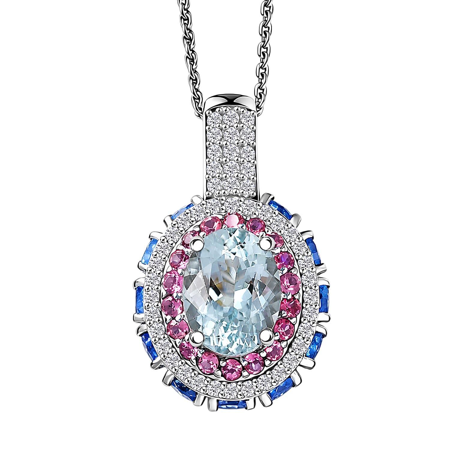 D'Joy Premium Mangoro Aquamarine and Multi Gemstone 4.30 ctw Lotus Flower Pendant Necklace in Rhodium Over Sterling Silver 20 In
