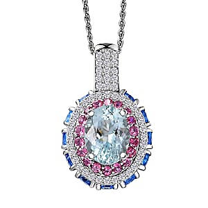 D'Joy Premium Mangoro Aquamarine and Multi Gemstone 4.30 ctw Lotus Flower Pendant Necklace in Rhodium Over Sterling Silver 20 Inches 