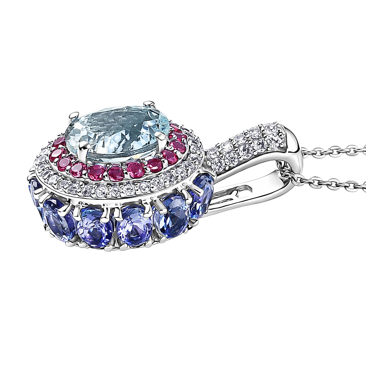 D'Joy Premium Mangoro Aquamarine and Multi Gemstone 4.30 ctw Lotus Flower Pendant Necklace in Rhodium Over Sterling Silver 20 Inches  image number 1