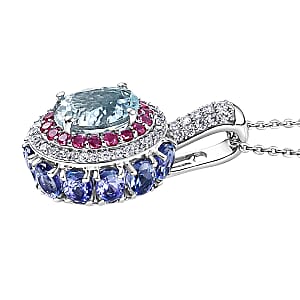 D'Joy Premium Mangoro Aquamarine and Multi Gemstone 4.30 ctw Lotus Flower Pendant Necklace in Rhodium Over Sterling Silver 20 Inches 