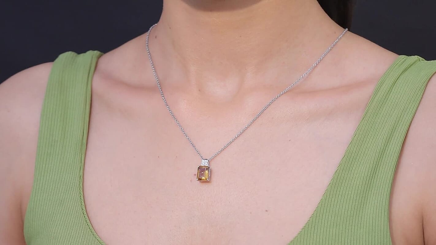 EverTrue Autumn Alexite and White Zircon 3.40 ctw Sunset Pillar Pendant in Platinum Bond with Stainless Steel Necklace 20 Inches