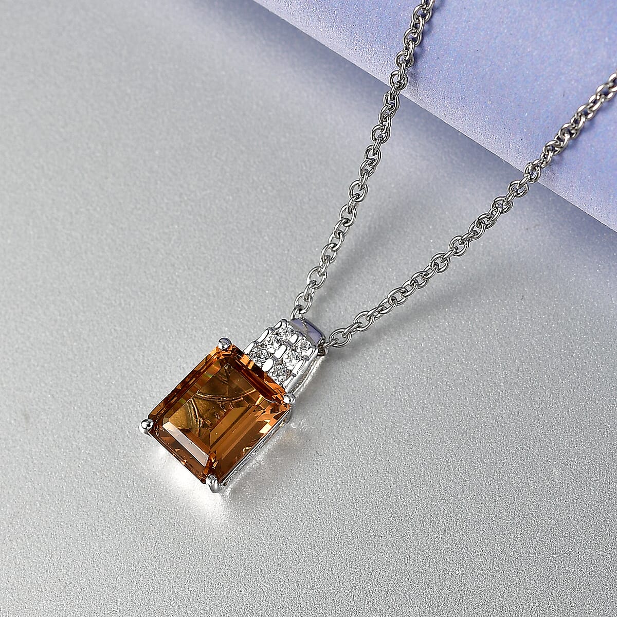 EverTrue Autumn Alexite and White Zircon 3.40 ctw Sunset Pillar Pendant in Platinum Bond with Stainless Steel Necklace 20 Inches image number 1