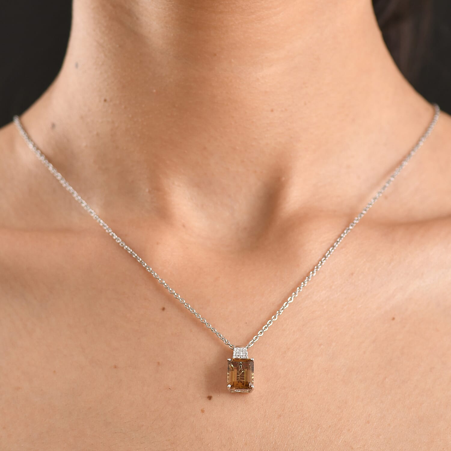 EverTrue Autumn Alexite and White Zircon 3.40 ctw Sunset Pillar Pendant in Platinum Bond with Stainless Steel Necklace 20 Inches