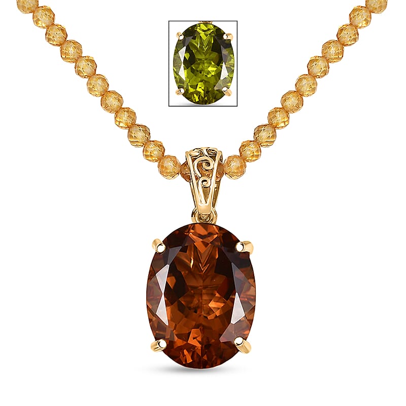 EverTrue Autumn Alexite Fallfire Pendant with Brazilan Citrine Beaded Necklace (20 Inches) in 18K YG Plated 71.00 ctw