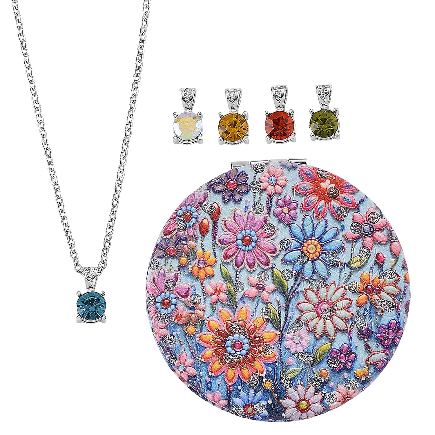 Multi Color Austrian Crystal 5pcs Solitaire and 1pc Mirror Pendant with Necklace (20 Inches) in Silvertone