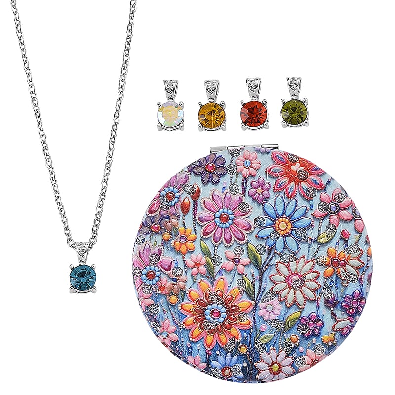 Multi Color Austrian Crystal 5pcs Solitaire and 1pc Mirror Pendant with Necklace (20 Inches) in Silvertone
