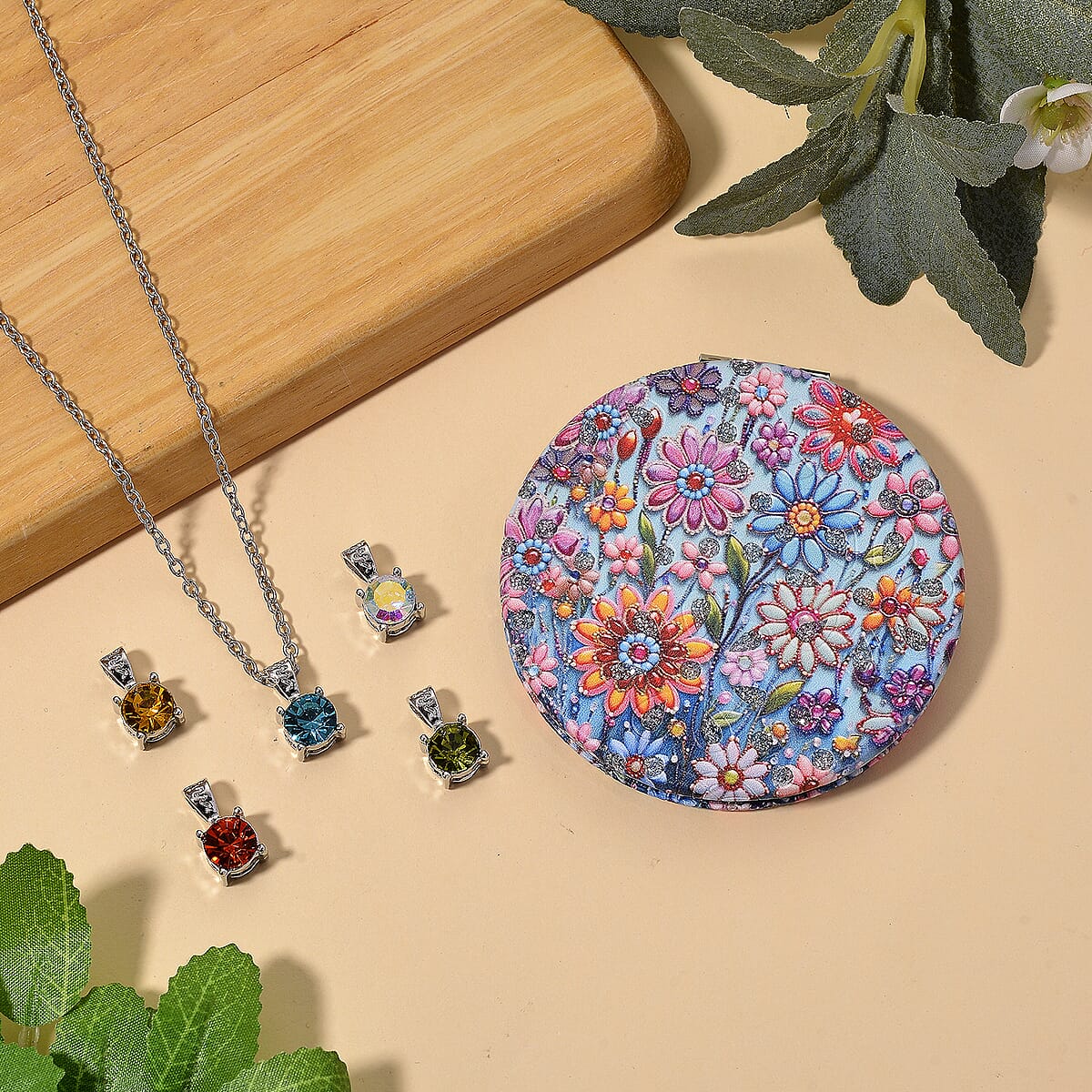 Multi Color Austrian Crystal 4pcs Solitaire and 1pc Mirror Pendant with Necklace (20 Inches) in Silvertone image number 1