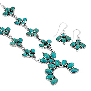 Santa Fe Style Kingman Turquoise 73.00 ctw Necklace (20 Inches) and Earrings in Sterling Silver