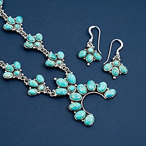 Santa Fe Style Kingman Turquoise 73.00 ctw Necklace (20 Inches) and Earrings in Sterling Silver