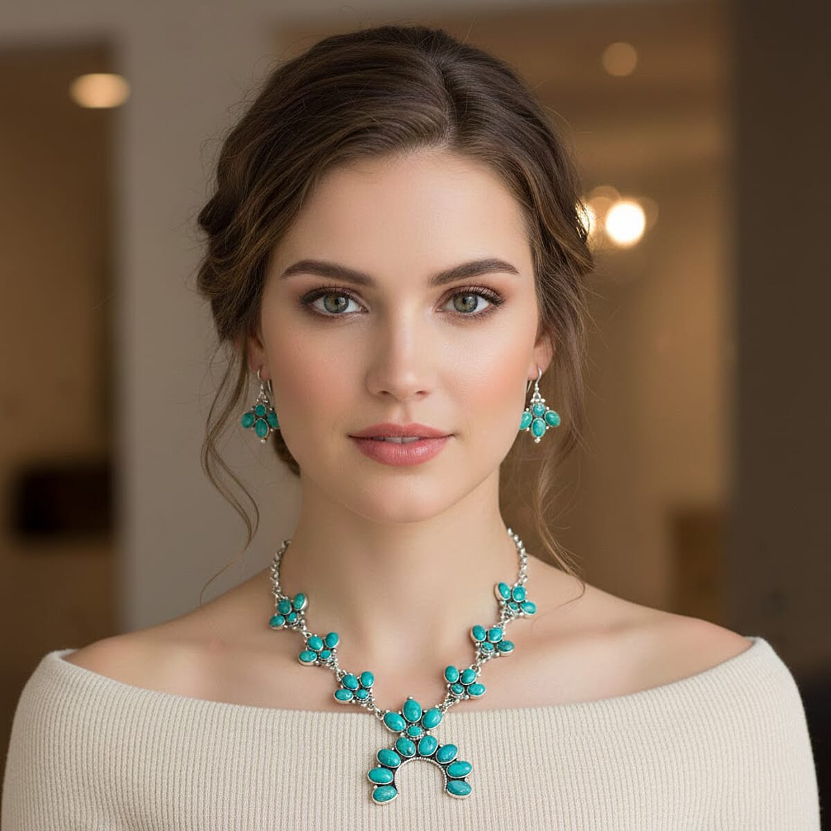 Santa Fe Style Kingman Turquoise 73.00 ctw Necklace (20 Inches) and Earrings in Sterling Silver image number 2