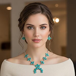 Santa Fe Style Kingman Turquoise 73.00 ctw Necklace (20 Inches) and Earrings in Sterling Silver