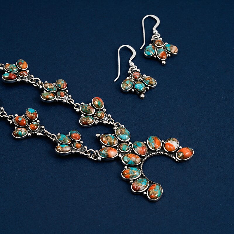 Santa Fe Style Spiny Turquoise 73.00 ctw Necklace (20 Inches) and Earrings in Sterling Silver