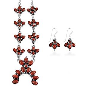 Santa Fe Style Red Coral 73.00 ctw Necklace (20 Inches) and Earrings in Sterling Silver
