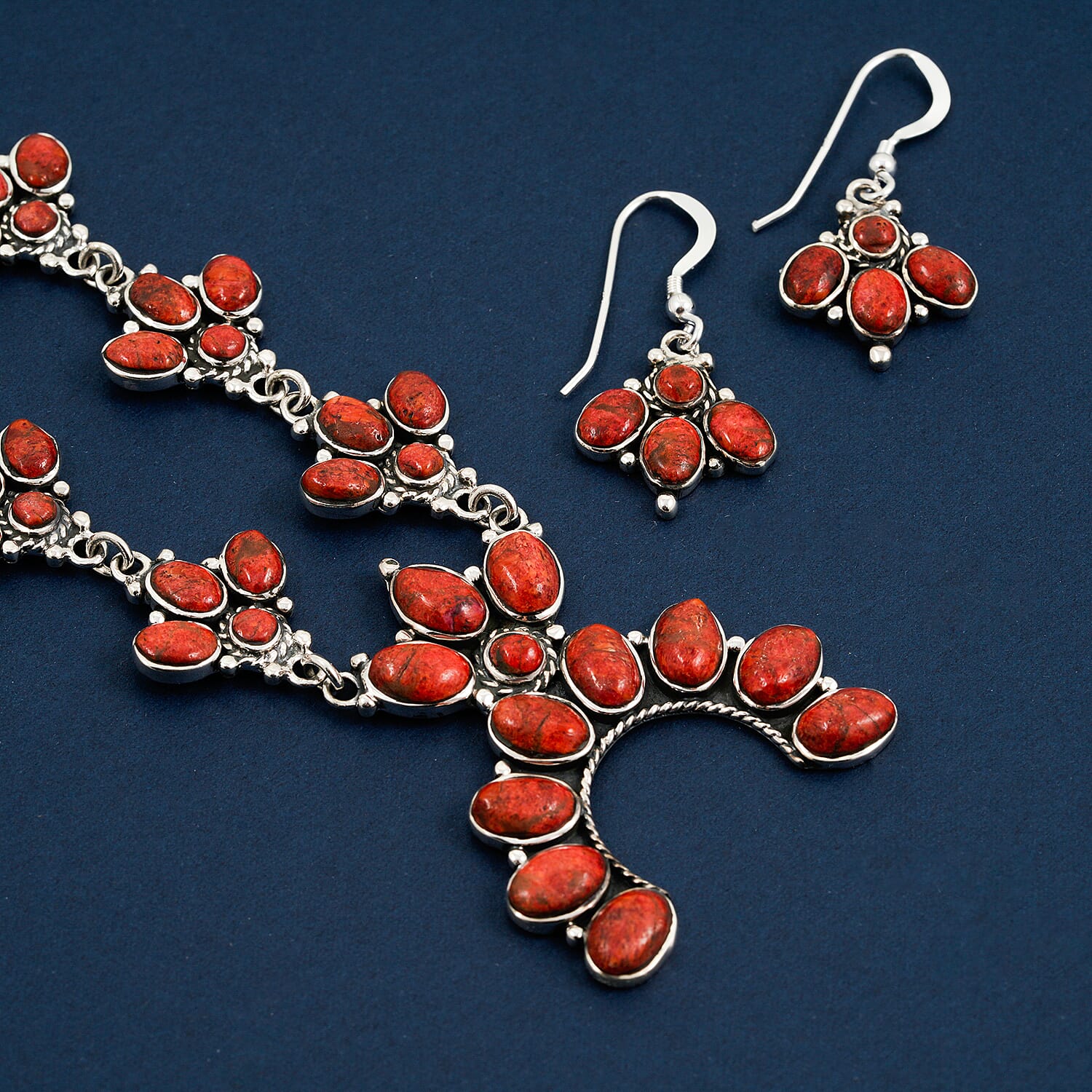 Santa Fe Style Red Coral 73.00 ctw Necklace (20 Inches) and Earrings in Sterling Silver