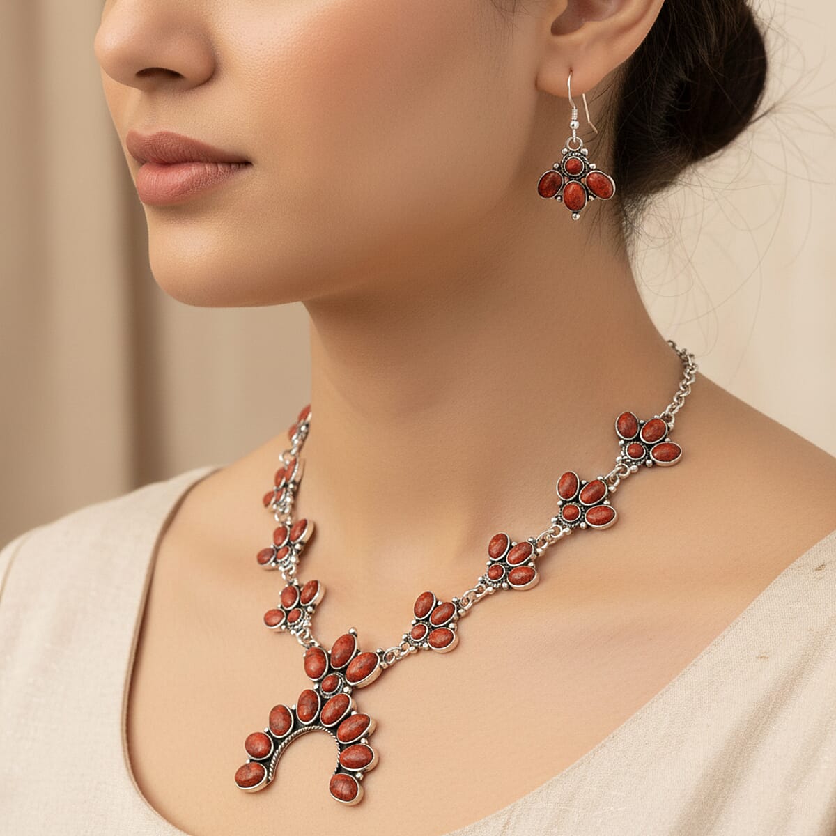 Santa Fe Style Red Coral 73.00 ctw Necklace (20 Inches) and Earrings in Sterling Silver image number 2
