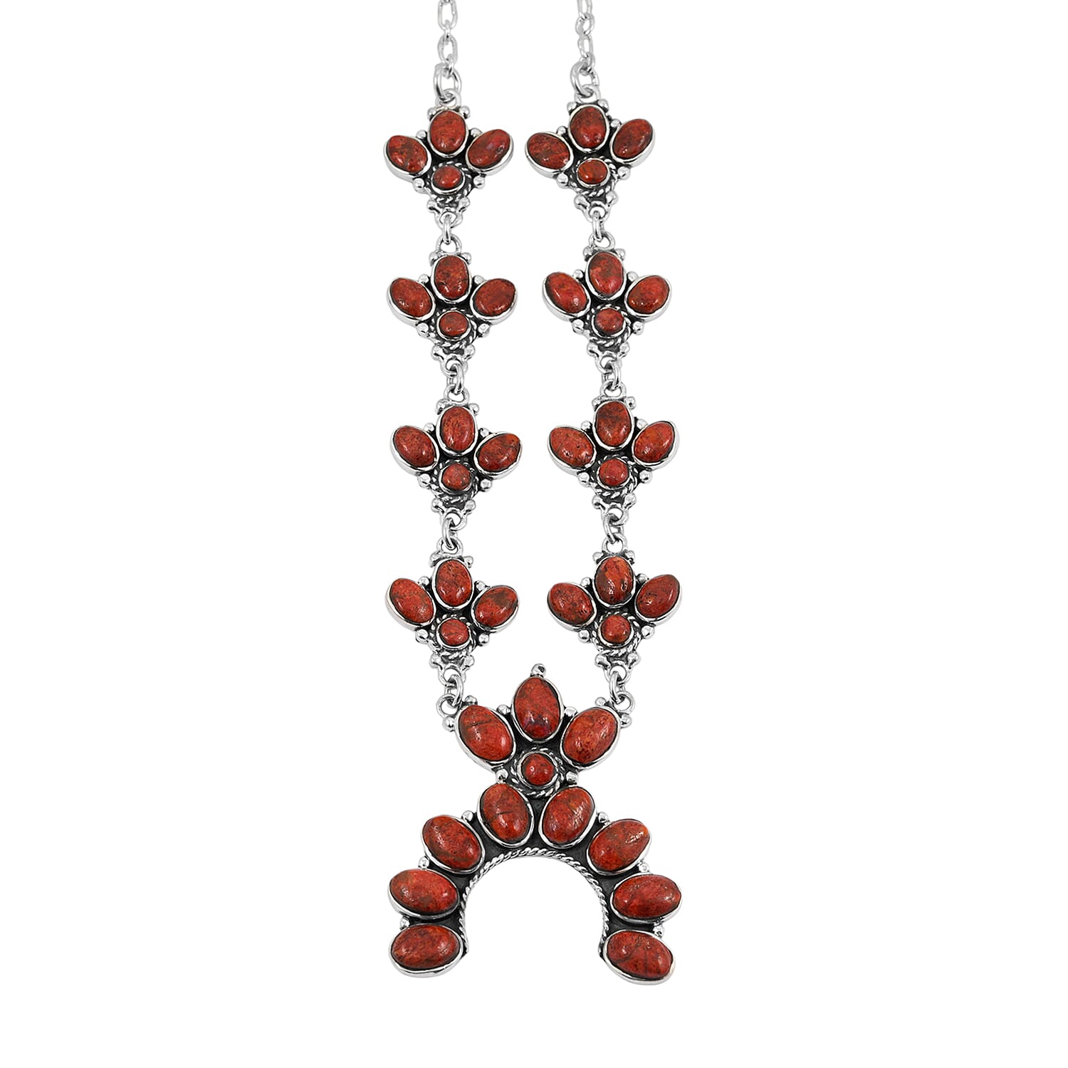 Santa Fe Style Red Coral 73.00 ctw Necklace (20 Inches) and Earrings in Sterling Silver