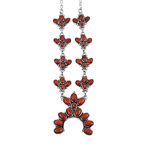Santa Fe Style Red Coral 73.00 ctw Necklace (20 Inches) and Earrings in Sterling Silver