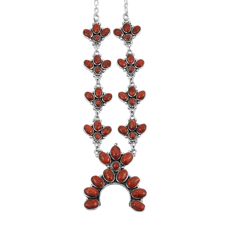 Santa Fe Style Red Coral 73.00 ctw Necklace (20 Inches) and Earrings in Sterling Silver