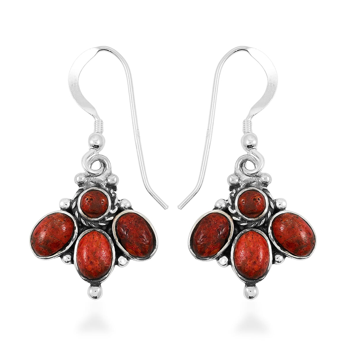 Santa Fe Style Red Coral 73.00 ctw Necklace (20 Inches) and Earrings in Sterling Silver image number 6