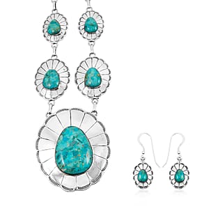 Santa Fe Style Kingman Turquoise 60.00 ctw Necklace (20 Inches) and Earrings in Sterling Silver