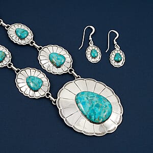 Santa Fe Style Kingman Turquoise 60.00 ctw Necklace (20 Inches) and Earrings in Sterling Silver
