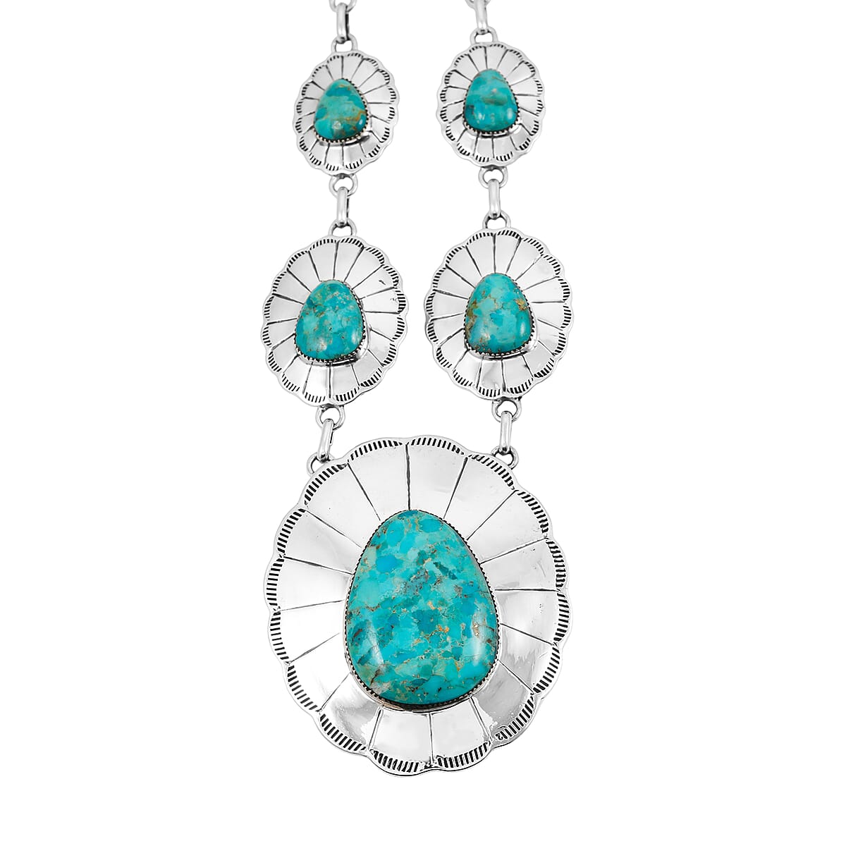 Santa Fe Style Kingman Turquoise 60.00 ctw Necklace (20 Inches) and Earrings in Sterling Silver image number 3