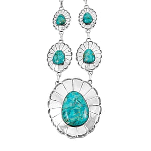 Santa Fe Style Kingman Turquoise 60.00 ctw Necklace (20 Inches) and Earrings in Sterling Silver